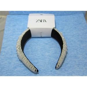 NEW ZARA Mega Headband Hairband Black Velvet Covered in White Pearls Wow! M